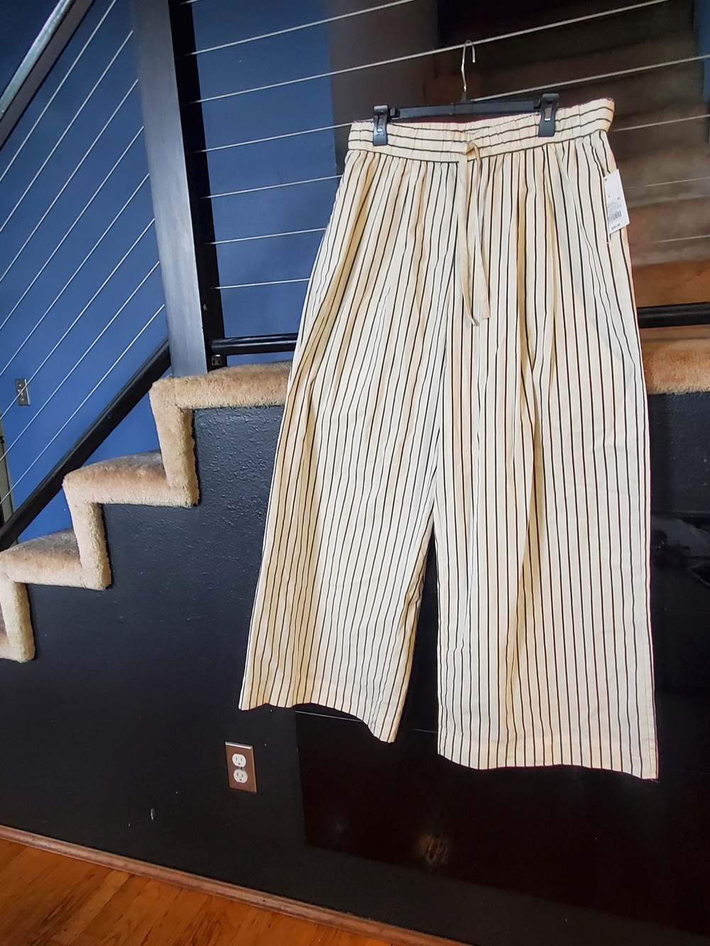 a new day Cream with Black Pinstripe Drawstring Wide-Leg Chinos